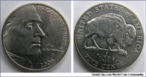 2005D First Design: American Bison Nickel.
Obverse: bears a new image of President Thomas Jefferson
Reverse: bears a side-view of an American bison, grazing.