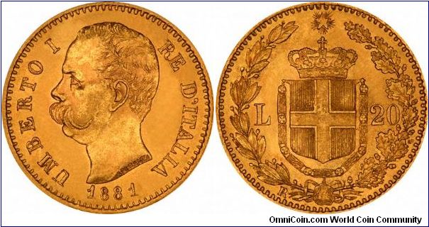 King Umberto I 'Re D'Italia' on the obverse of gold 20 Lire.