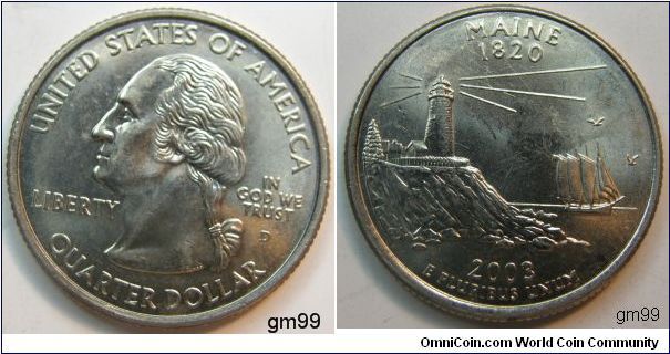 Maine became the 23rd state to be admitted into the Union, as part of the Missouri Compromise on March 15, 1820. The Maine quarter design incorporates a rendition of the Pemaquid Point Light atop a granite coast and of a schooner at sea. 
Pemaquid Point Light is located in New Harbor, and marks the entrance to Muscongus Bay and Johns Bay. Since the beginning of ship activity in the area, a shoal created hazardous navigation conditions, causing many shipwrecks.2003D