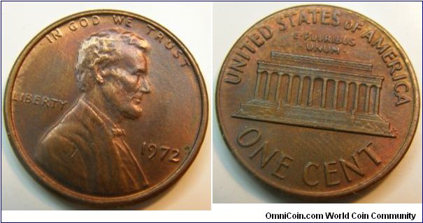 1972 Lincoln Cent
Diameter: 19 millimeters
Metal content:
Copper - 95%
Tin and Zinc - 5%
Weight: 48 grains (3.11 grams)
Edge: Plain
Mintmark: None (for Philadelphia, PA) below the date