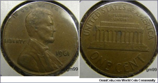 Lincoln One Cent,1961
Mintmark: None (for Philadelphia, PA) below the date