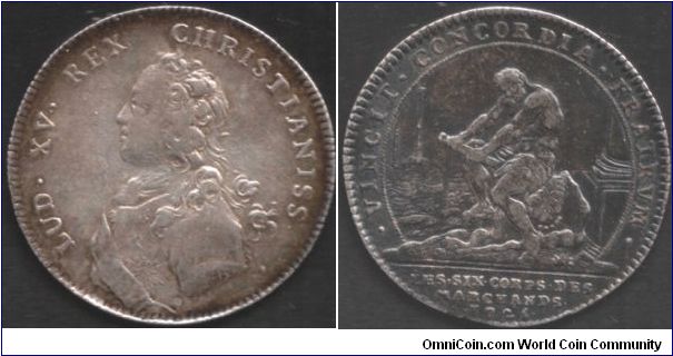 Dark toned silver jeton issued for the `Six Corps des marchands de paris' (the six principle merchant guilds of Paris). This one bears a very rare bust of Louis XV by Brenet (obverse). The revers depicts hercules trying to break the fasces (symbolising the strength in unity of the guilds).