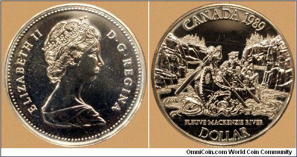 Canada, 1 dollar, 1989 Bicentennial of the exploration of the Mackenzie River by Sir Alexander Mackenzie, silver dollar