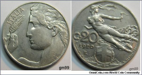 20 Centesimi (Nickel)Obverse; Head left, holding wheat stalk,
ITALIA
Reverse; Nude flying left, over crowned shield with Italian arms,
C 20 date 1920