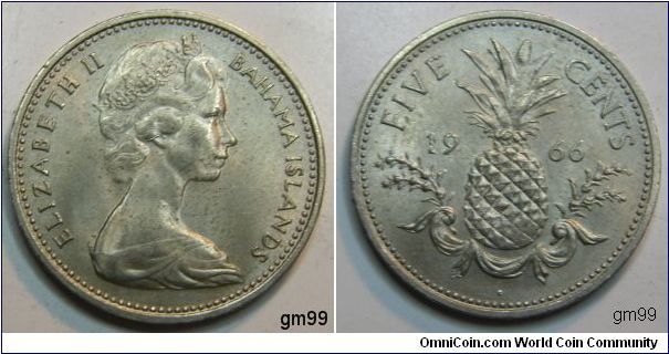 Bahamas Islands,Obverse-Queen Elizabeth II
Reverse- Pineapple, Date 1966, Five Cents over the Pineapple