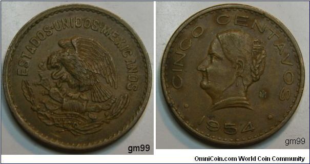 Bronze,25.5mm, Obverse: National arms, eagle left.Reverse: Cinco Centavos,Head left, Date
 Dark Brown