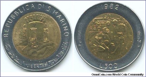 San Marino, 500 lire 1982.
FAO Issue.