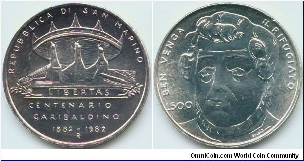 San Marino, 500 lire 1982.
Centennial - Death of Garibaldi.
Domenico Maria Belzoppi.