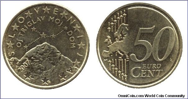 Slovenia, 50 cents, 2007, Cu-Al-Zn-Sn, Peak Triglav.                                                                                                                                                                                                                                                                                                                                                                                                                                                                
