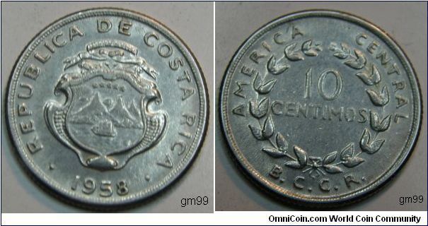 Costa Rica km185.1a 10 Centimos (1953-1967) stainless