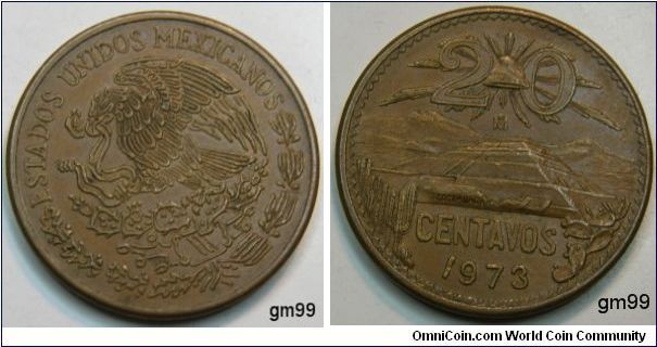 20 Centavos (Bronze), 
Obverse: Eagle standing left on cactus, snake in beak, ESTADOS UNIDOS MEXICANOS
Reverse: Cap with rays above mountains with cactus left and right in foreground,
 20 CENTAVOS date 1973