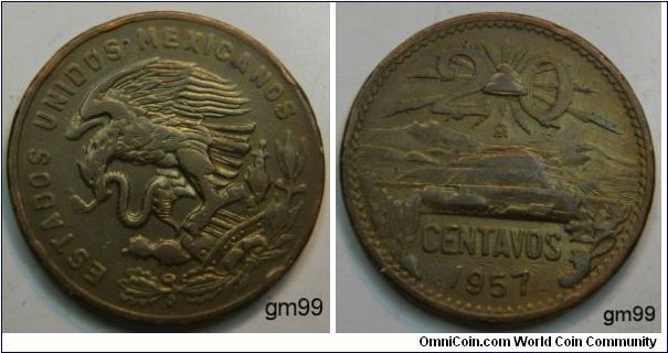 20 Centavos (Bronze), 
Obverse: Eagle standing left on cactus, snake in beak, ESTADOS UNIDOS MEXICANOS
Reverse: Cap with rays above mountains with cactus left and right in foreground,
 20 CENTAVOS date 1957