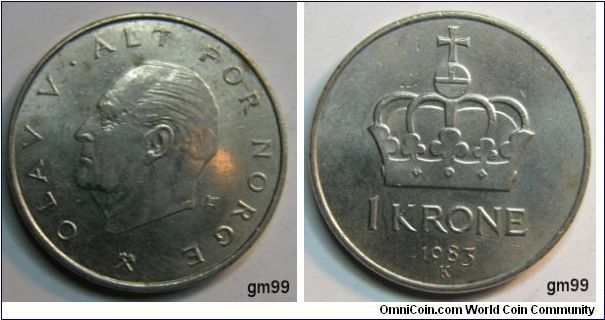 1 Krone (Copper-Nickel) 
Obverse; Head of Olaf V left,
OLAV V ALT FOR NORGE
Reverse; Crown over legend,
 1 KRONE date 1983