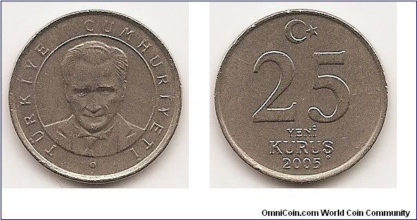 25 New kurus
KM#1167
5.3000 g., Copper-Nickel, 21.5 mm. Obv: Head facing within
circle Rev: Value Edge: Reeded