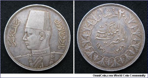 Kingdom of Egypt, 20 piastres, AR, King Farouk.