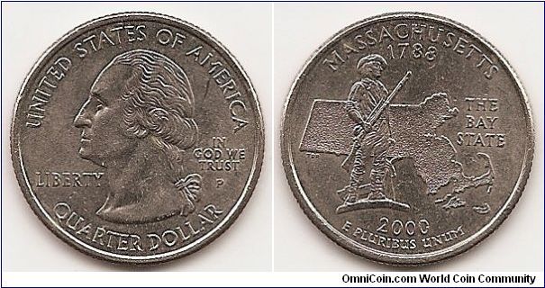 Quarter
50 State Quarters
MASSACHUSETTS
KM#305
COPPER-NICKEL CLAD COPPER 24.3 mm. 5.6700 g.