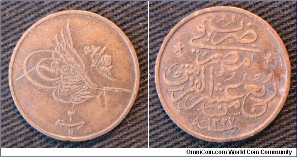 Egypt (Ottoman Empire), 1/40 qirsh, AE, ascension date 1327, year 2.  Minted at Heaton Mint.