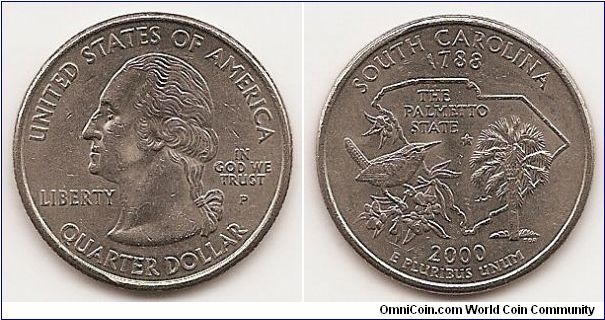 Quarter
50 State Quarters
SOUTH CAROLINA
KM#307
COPPER-NICKEL CLAD COPPER 24.3 mm. 5.6700 g.