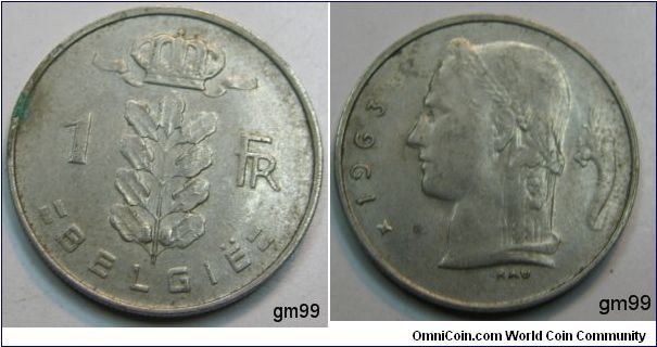 1 Franc (Copper-Nickel) Obverse; Crowned sprig,
1 FR BELGIQUE
Reverse Laureated head left, cornucopiae behind
date 1963