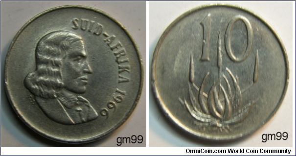 10 Cents (Nickel) Obverse; Head of Jan van Riebeeck right,
SUID AFRIKA date 1966
Reverse; Aloe Plant,
10