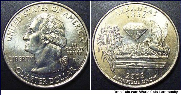 US 2003 quarter dollar commemorating Arkansas, mintmark D. Special thanks to Art!