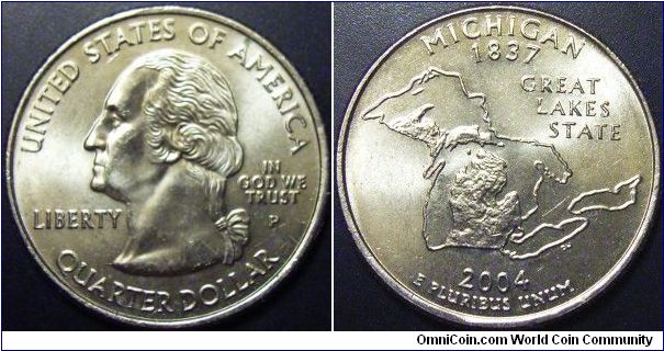 US 2004 quarter dollar commemorating Michigan, mintmark P. Special thanks to Art!
