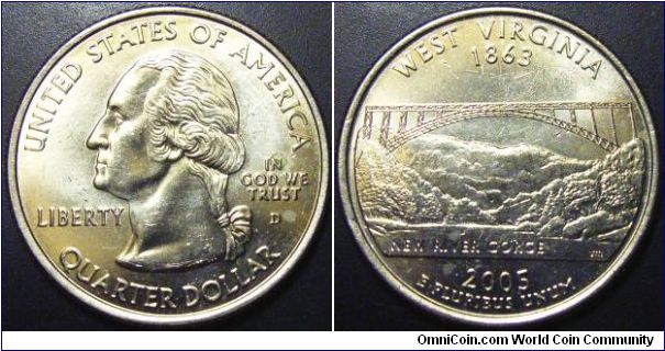 US 2005 quarter dollar commemorating West Virginia, mintmark D. Special thanks to Art!