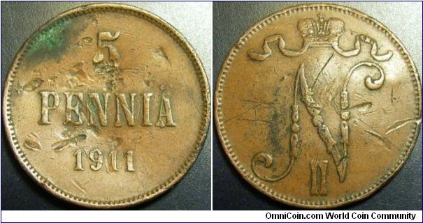 Finland 1911 5 pennia. Bent and damaged etc. Special thanks to Sir Sisu!