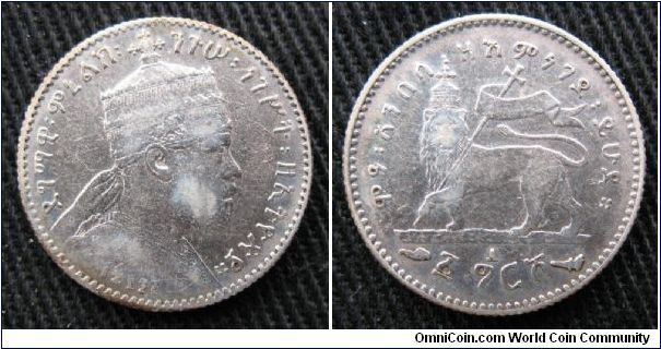 Ethiopia, 1 gersh, cleaned, AR, bust of King  Menelik II, dated from Coptic calendar (about 1902 AD).