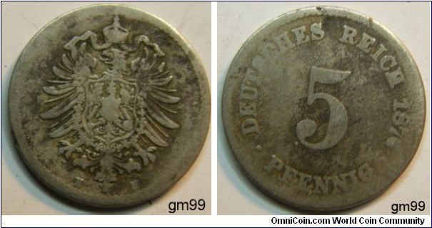 This could be 1876 or 1878
German Empire, 
 5 Pfennig (1874-1889)