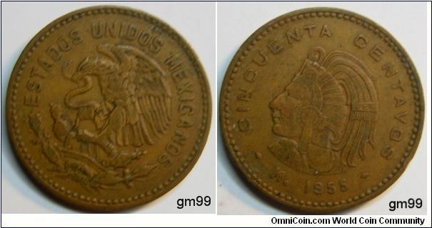 50 Centavos (Bronze), Obverse: Eagle standing left on cactus, snake in beak,
 ESTADOS UNIDOS MEXICANOS
Reverse: Figure in Aztec headdress left,
 CINCUENTA CENTAVOS Mo date 1955, MINTAGE 3,502,000