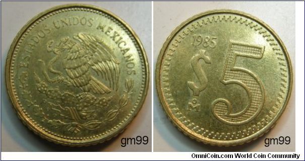 Brass,17mm. Subject: Quetzalcoatl. Obverse: National arms, eagle left. Reverse: Date and Value NOTE: circulation coinage.5 Pesos