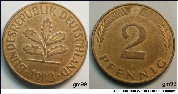 German Federal Republic,(Copper Plated Steel) Obverse; Plant with 5 leaves,
BUNDESREPUBLIK DEUTSCHLAND date 1983
Reverse; Stalks either side of value
 2 RPFENNIG