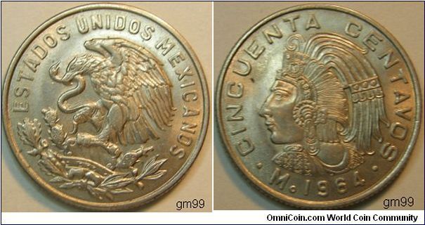 50 Centavos (Copper-Nickel) : 
Obverse: Eagle standing left on cactus, snake in beak, ESTADOS UNIDOS MEXICANOS
Reverse: Figure in Aztec headdress left CINCUENTA CENTAVOS Mo date 1964