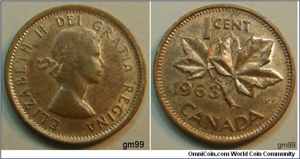 Laureate bust right. Reverse; Maple leaf divides date and denomination,One Penny