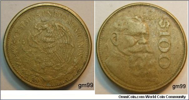 100 Pesos (Aluminum-Bronze) : Obverse: Eagle standing left on cactus, snake in beak.
 ESTADOS UNIDOS MEXICANOS
Reverse: Bearded bust of Venustiano Carranza right,
 $100 date: 1986, V CARRANZA