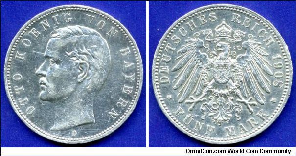 5 Mark.
Bavaria.
German empire.
'D'- mintmark.


Ag900f. 27,77gr.