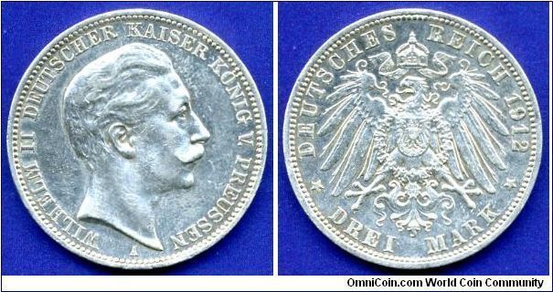 3 Mark.
Wilhelm II (1888-1918) king of Prussia & German emperor.
German empire.
(A) Berlin mint.


Ag900f. 16,66gr.
