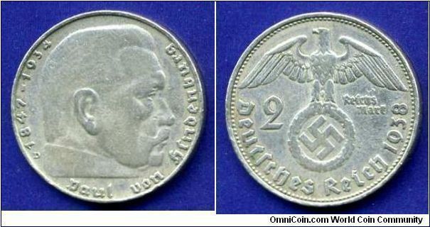2 Reichsmark.
Hindenburg.
The Third Reich.
(D) Munich mint.
Mintage 3,711,000 units.


Ag625f. 8,0gr.