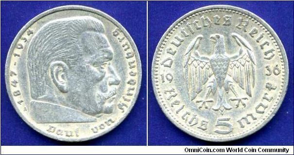 5 Reichsmark.
Hindenburg.
The Third Reich.
(A) Berlin mint.
Mintage 30,611,000 units.


Ag900f. 13,8gr.