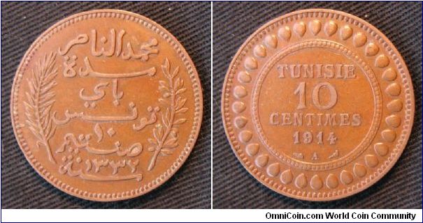 Tunisia, 10 centimes, AE, issued under French Protectorate.  Gregorian date 1914.  Minted in Paris.