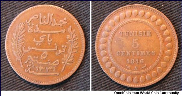 Tunisia, 5 centimes, AE, issued under French Protectorate, Gregorian date 1916.  Minted in Paris.