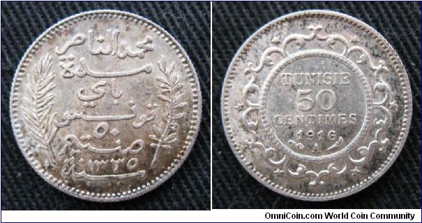 Tunisia, 50 centimes, AR, issued under French Protectorate.  Gregorian date 1916.  Minted in Paris.