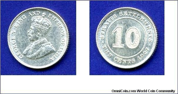 10 cents.
Straits - settlements.
George V (1910-1936).
Mintage 23,000,000 units.


Ag600f. 2,71gr.