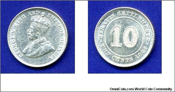 10 cents.
Straits - settlements.
George V (1910-1936).
Mintage 23,000,000 units.


Ag600f. 2,71gr.