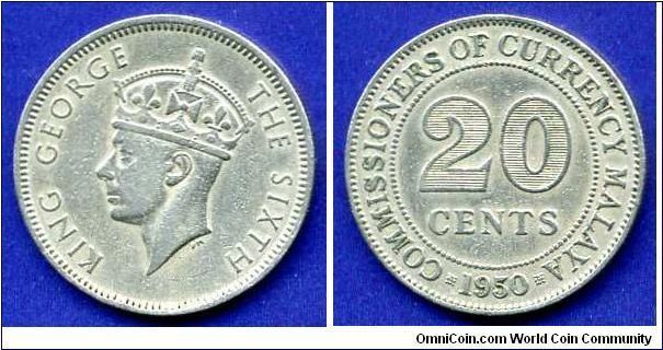 20 cents.
Malaya.
George VI (1936-1952) king.
Mintage 20,000,000 units.


Cu-Ni.