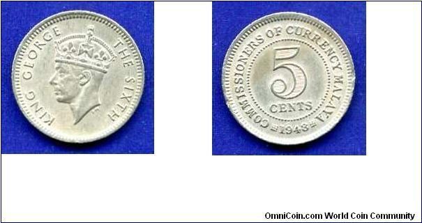 5 cents.
Malaya.
George VI (1936-1952) king.
Mintage 30,000,000 units.


Cu-Ni.