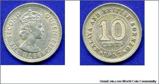 10 cents.
Malaya & British Borneo.
Elizabeth II.
'H'- Heaton mint, Birmingham.
Mintage 10,000,000 units.


Cu-Ni.