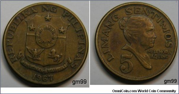Obverse: Melchora Aquino, Limang Sentimos
Reverse: Seal of the Republic of the Philippines, Republika ng Pilipinas, year mark.
Shape: round
Edge: plain
Diameter: 13 mm
Material: brass
5 Sentimos