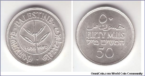 KM-5, 1935 Palestine 50 mils in what looks like a brilliant uncirculated condition, full original luster